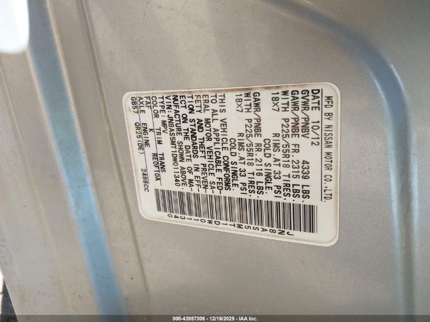 2013 Nissan Rogue Sv W/Sl Pkg VIN: JN8AS5MT1DW011340 Lot: 43957306