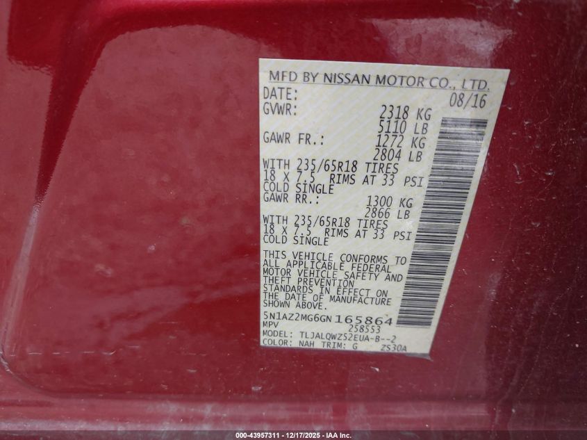 2016 Nissan Murano Sv VIN: 5N1AZ2MG6GN165864 Lot: 43957311