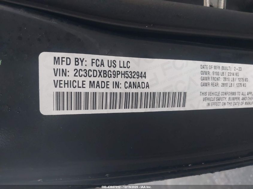 2023 Dodge Charger Sxt VIN: 2C3CDXBG9PH532944 Lot: 43957312