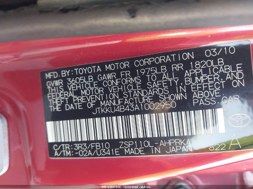 2010 Scion Xd VIN: JTKKU4B43A1002950 Lot: 43957314