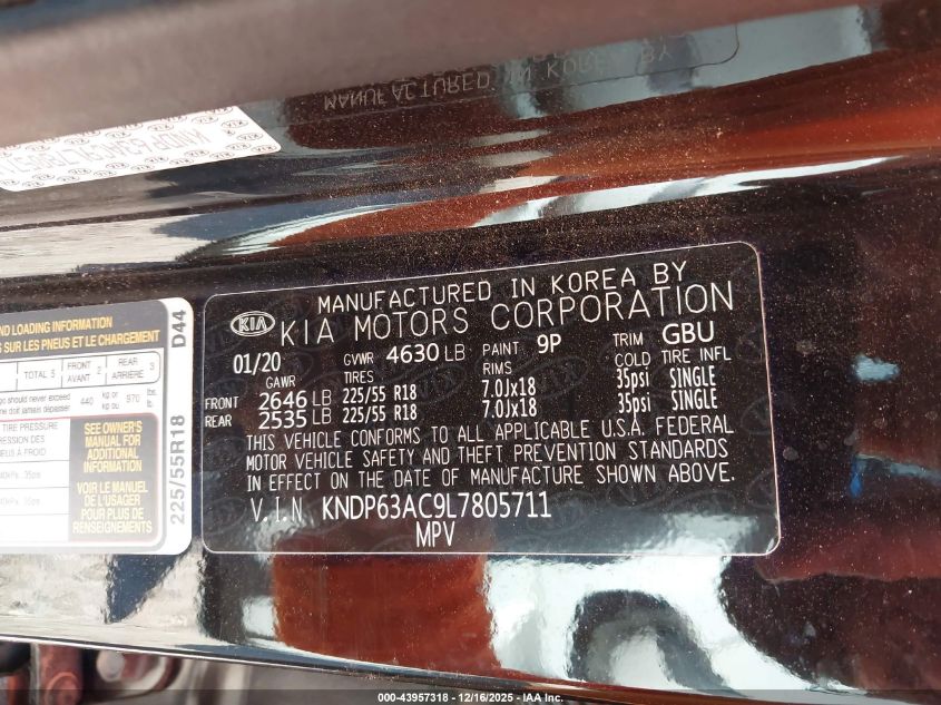 2020 Kia Sportage S VIN: KNDP63AC9L7805711 Lot: 43957318