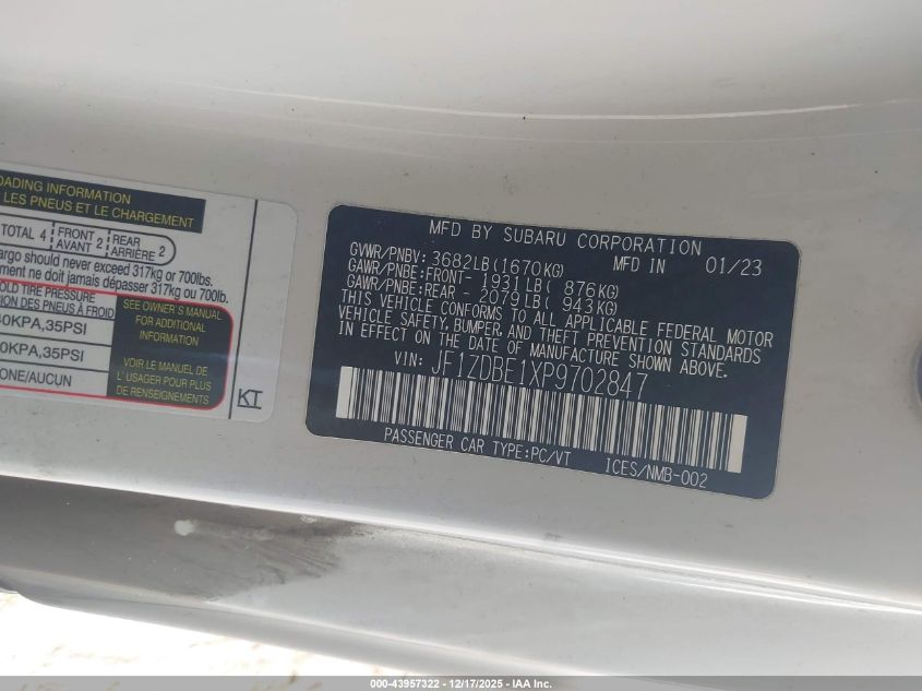 2023 Subaru Brz Limited VIN: JF1ZDBE1XP9702847 Lot: 43957322