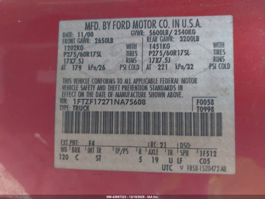2001 Ford F-150 Xl/Xlt VIN: 1FTZF17271NA75608 Lot: 43957323