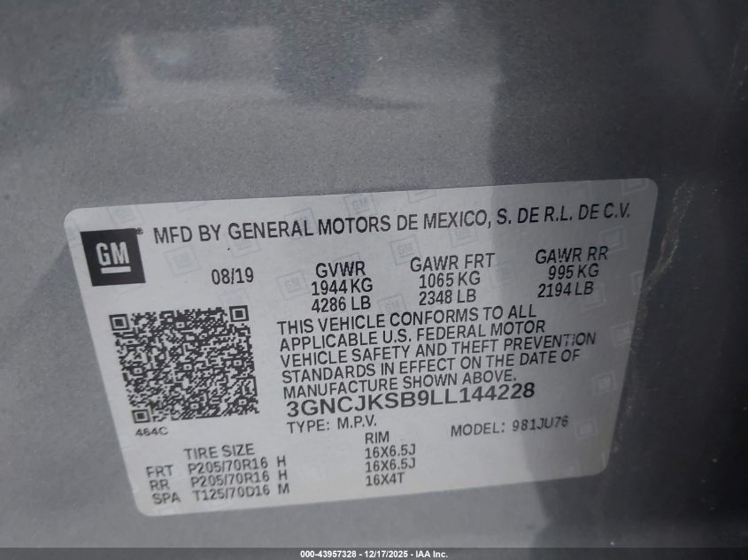 2020 Chevrolet Trax Fwd Ls VIN: 3GNCJKSB9LL144228 Lot: 43957328