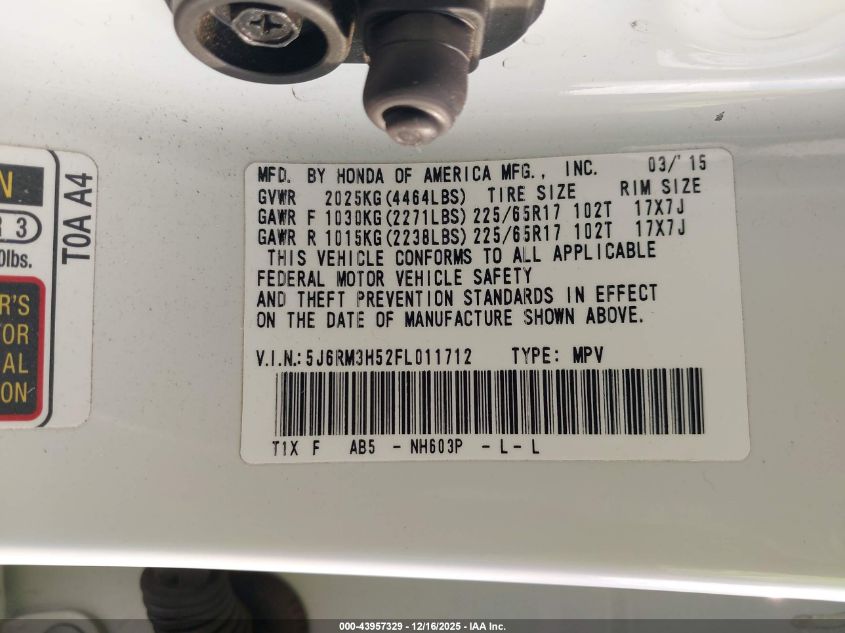 2015 Honda Cr-V Ex VIN: 5J6RM3H52FL011712 Lot: 43957329