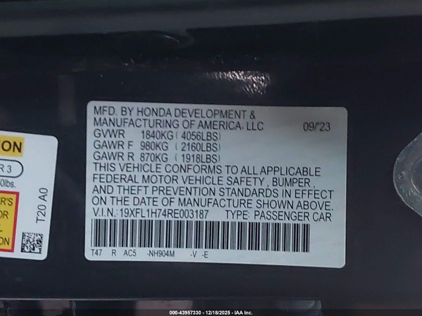 2024 Honda Civic Ex-L VIN: 19XFL1H74RE003187 Lot: 43957330