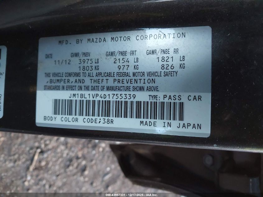 2013 Mazda Mazda3 I Touring VIN: JM1BL1VP4D1755339 Lot: 43957331