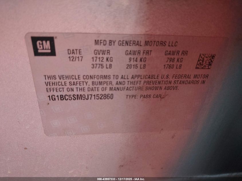 2018 Chevrolet Cruze Ls Auto VIN: 1G1BC5SM9J7152860 Lot: 43957333