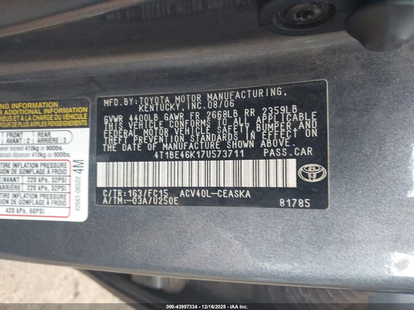 2007 Toyota Camry Se VIN: 4T1BE46K17U573711 Lot: 43957334