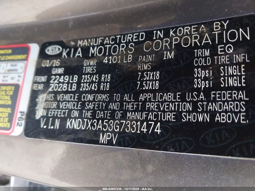 2016 Kia Soul ! VIN: KNDJX3A53G7331474 Lot: 43957338