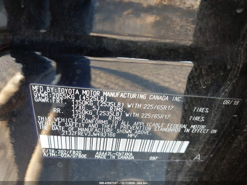 2018 Toyota Rav4 Le VIN: 2T3ZFREV3JW493166 Lot: 43957337