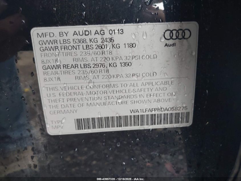 2013 Audi Q5 2.0T Premium VIN: WA1LFAFP8DA058275 Lot: 43957339