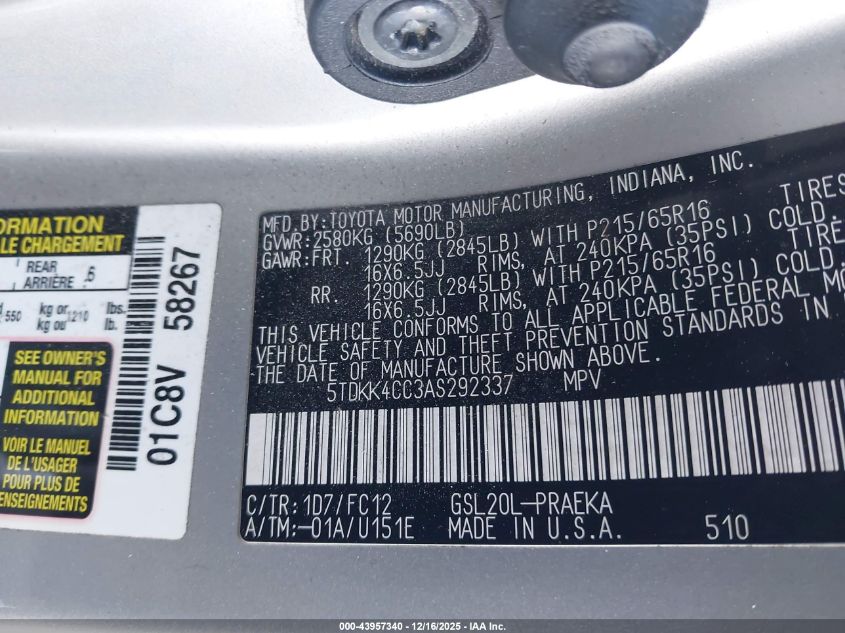 2010 Toyota Sienna Le VIN: 5TDKK4CC3AS292337 Lot: 43957340