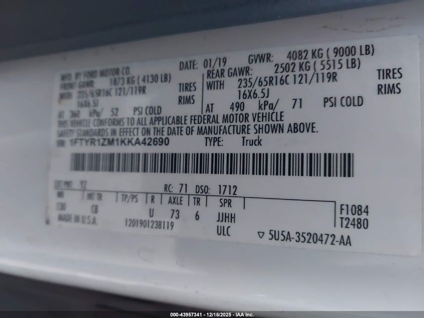 2019 Ford Transit-250 VIN: 1FTYR1ZM1KKA42690 Lot: 43957341