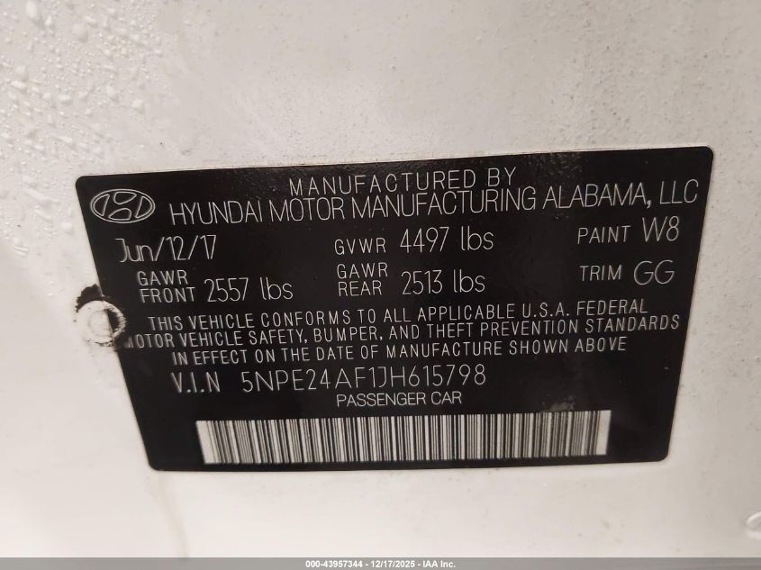 2018 Hyundai Sonata Se VIN: 5NPE24AF1JH615798 Lot: 43957344