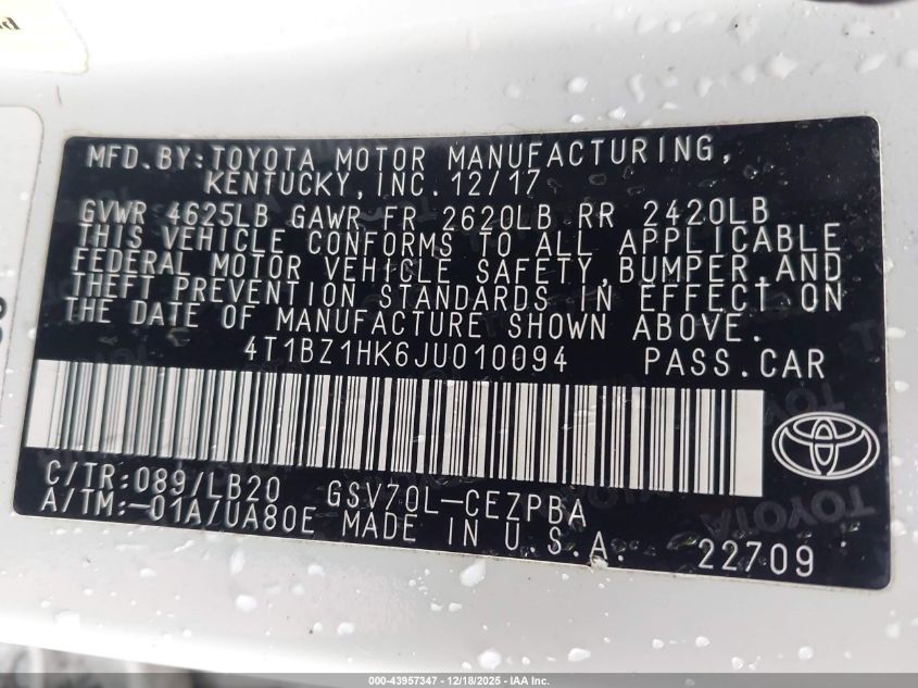 2018 Toyota Camry Xse V6 VIN: 4T1BZ1HK6JU010094 Lot: 43957347