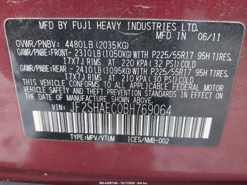 2011 Subaru Forester 2.5X Limited VIN: JF2SHAEC0BH769064 Lot: 43957349