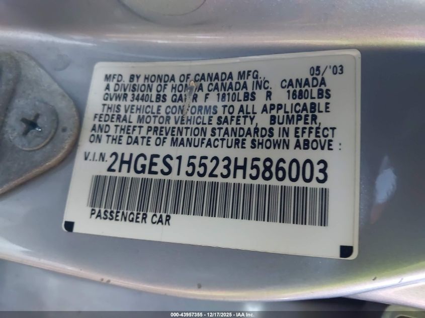 2003 Honda Civic Lx VIN: 2HGES15523H586003 Lot: 43957355