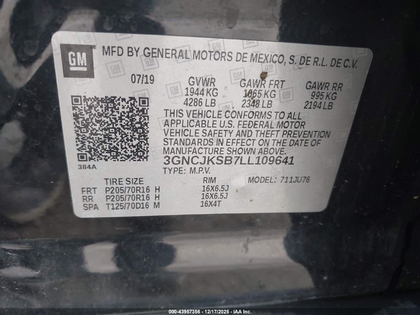 2020 Chevrolet Trax Fwd Ls VIN: 3GNCJKSB7LL109641 Lot: 43957356