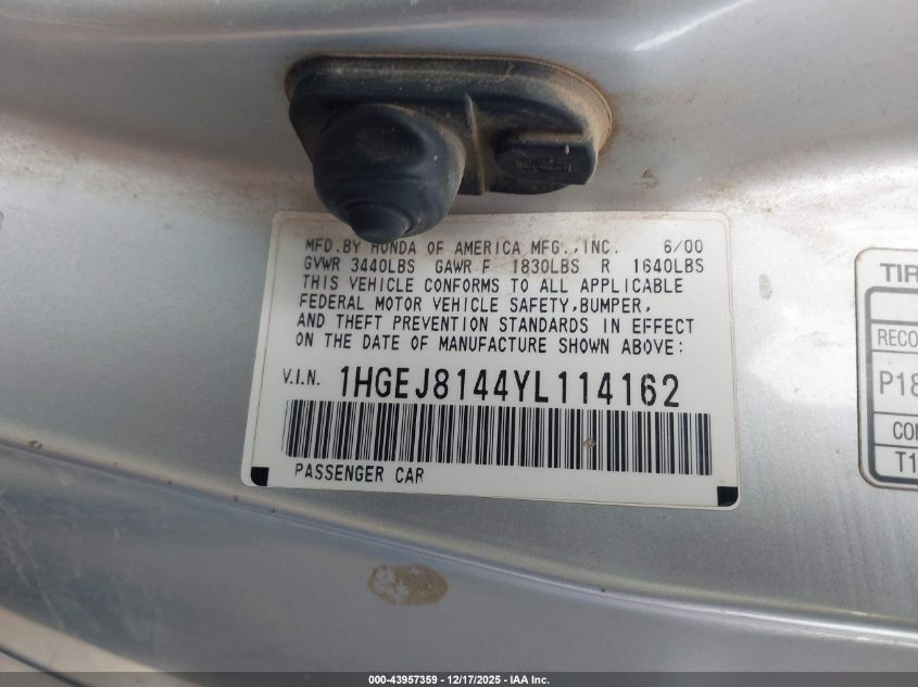 2000 Honda Civic Ex VIN: 1HGEJ8144YL114162 Lot: 43957359