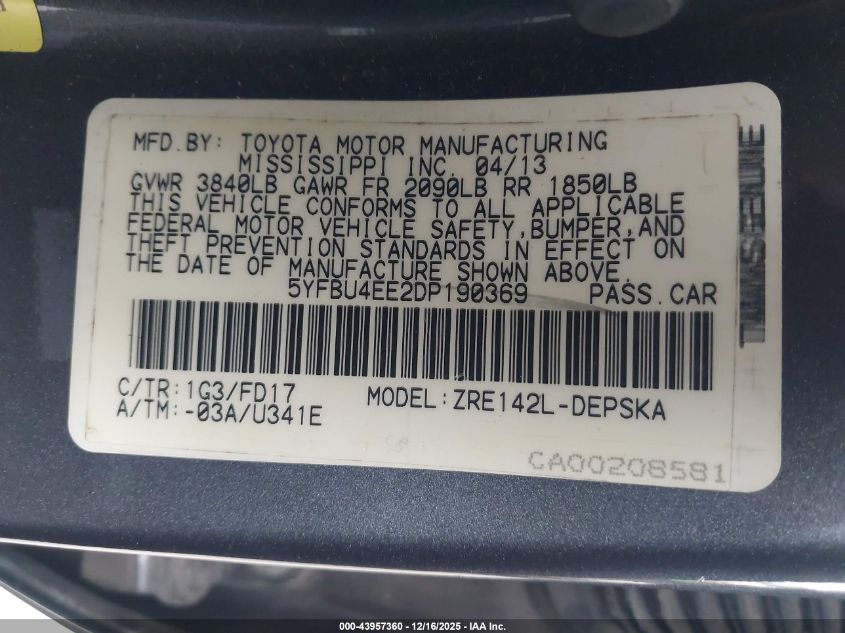 2013 Toyota Corolla S VIN: 5YFBU4EE2DP190369 Lot: 43957360