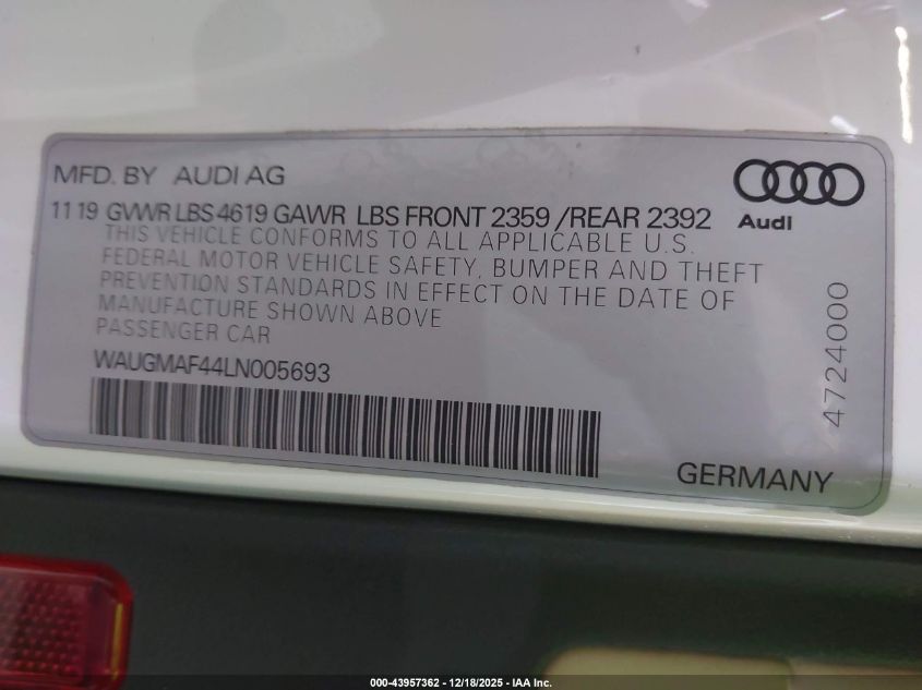 2020 Audi A4 Premium 40 Tfsi Front-Wheel Drive S Tronic VIN: WAUGMAF44LN005693 Lot: 43957362