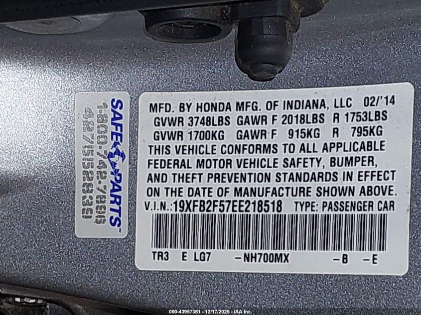 2014 Honda Civic Lx VIN: 19XFB2F57EE218518 Lot: 43957361