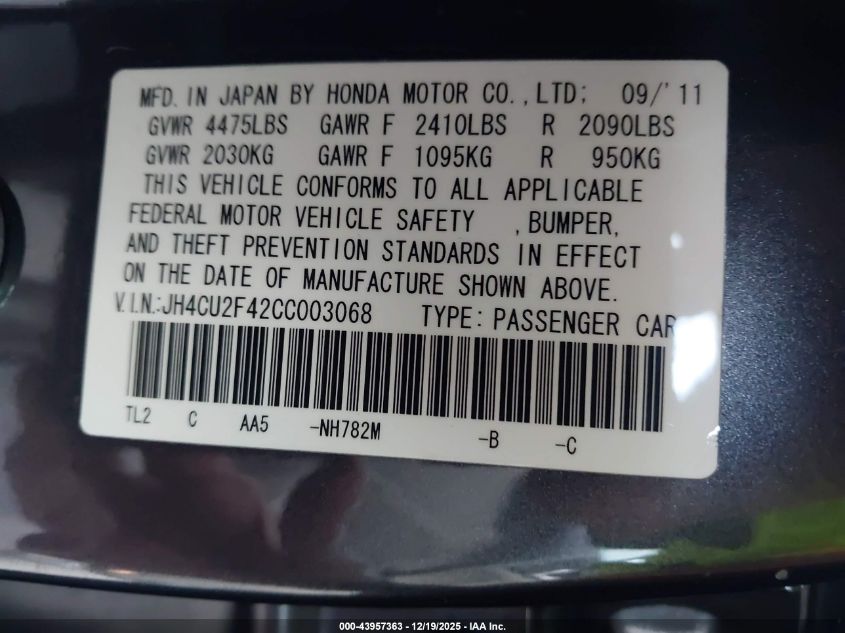 2012 Acura Tsx 2.4 VIN: JH4CU2F42CC003068 Lot: 43957363