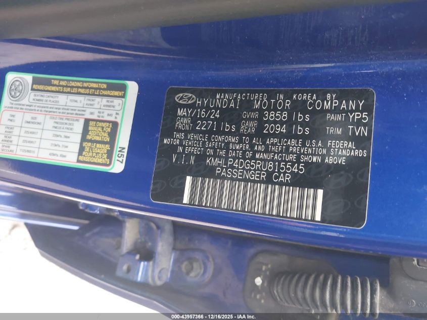 2024 Hyundai Elantra Limited VIN: KMHLP4DG5RU815545 Lot: 43957366