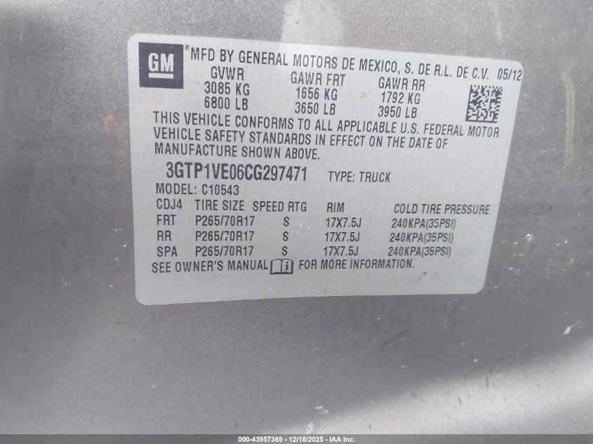 2012 GMC Sierra 1500 Sle VIN: 3GTP1VE06CG297471 Lot: 43957369