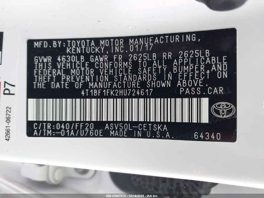 2017 Toyota Camry Se VIN: 4T1BF1FK2HU724617 Lot: 43957370