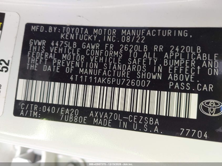 2023 Toyota Camry Se VIN: 4T1T11AK6PU726007 Lot: 43957375