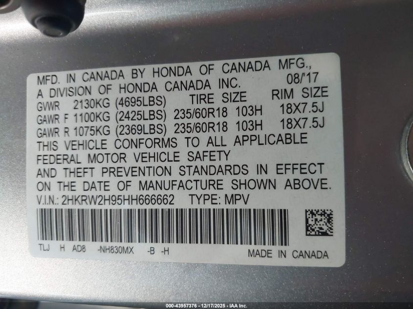 2017 Honda Cr-V Touring VIN: 2HKRW2H95HH666662 Lot: 43957376