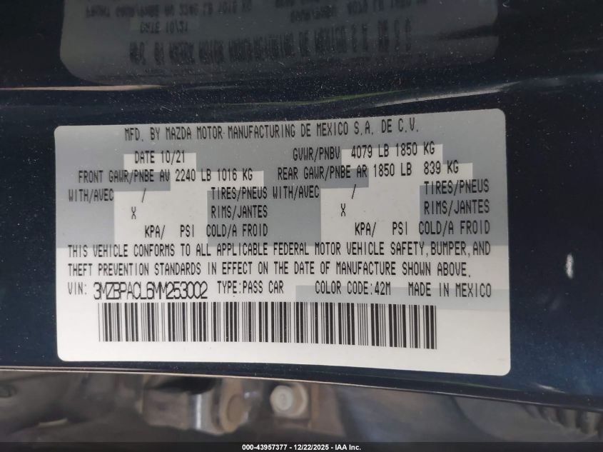 2021 Mazda Mazda3 Preferred VIN: 3MZBPACL6MM253002 Lot: 43957377