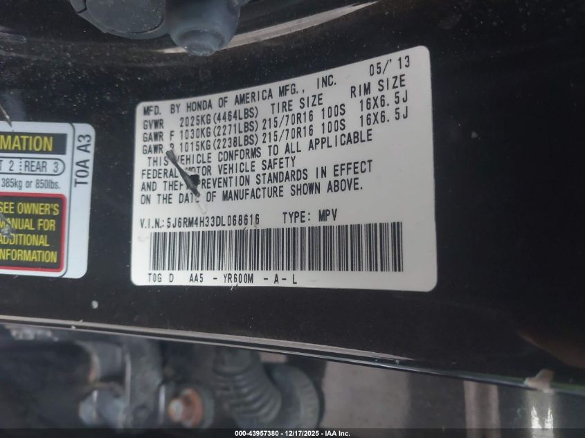 2013 Honda Cr-V Lx VIN: 5J6RM4H33DL068616 Lot: 43957380