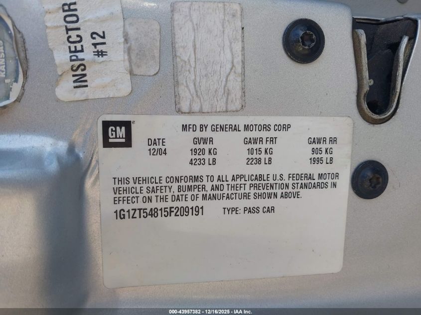 2005 Chevrolet Malibu Ls VIN: 1G1ZT54815F209191 Lot: 43957382