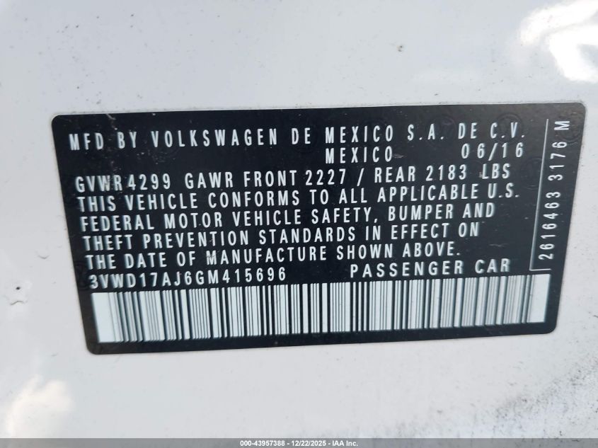 2016 Volkswagen Jetta 1.8T Sport VIN: 3VWD17AJ6GM415696 Lot: 43957388