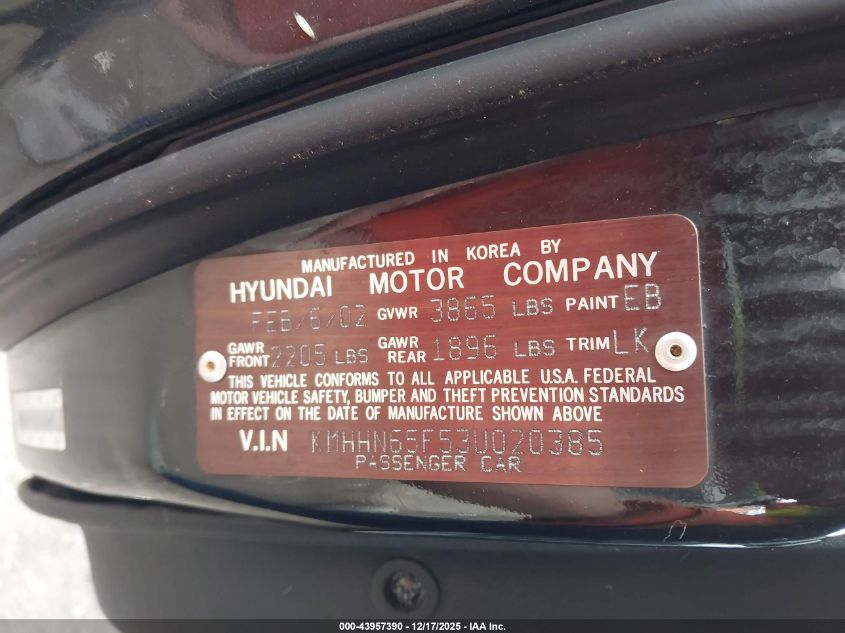 2003 Hyundai Tiburon Gt V6 VIN: KMHHN65F53U020385 Lot: 43957390