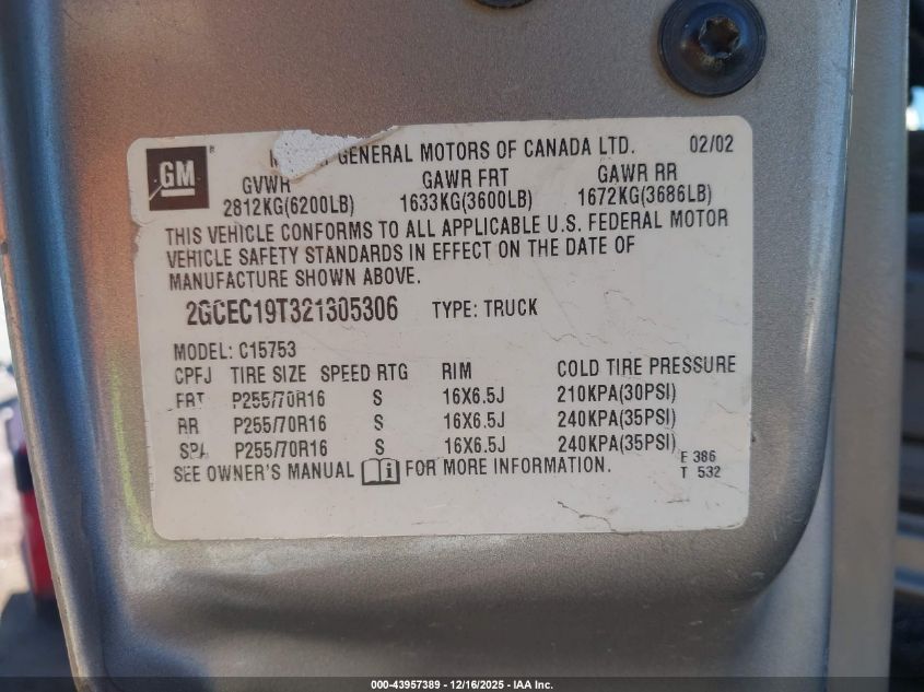 2002 Chevrolet Silverado 1500 Ls VIN: 2GCEC19T321305306 Lot: 43957389