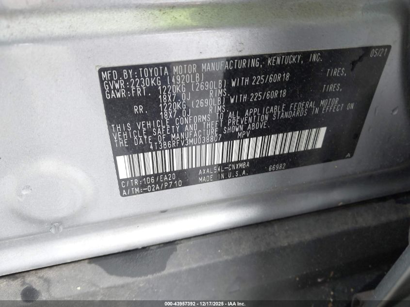 2021 Toyota Rav4 Hybrid Xle Premium VIN: 4T3B6RFV3MU038807 Lot: 43957392