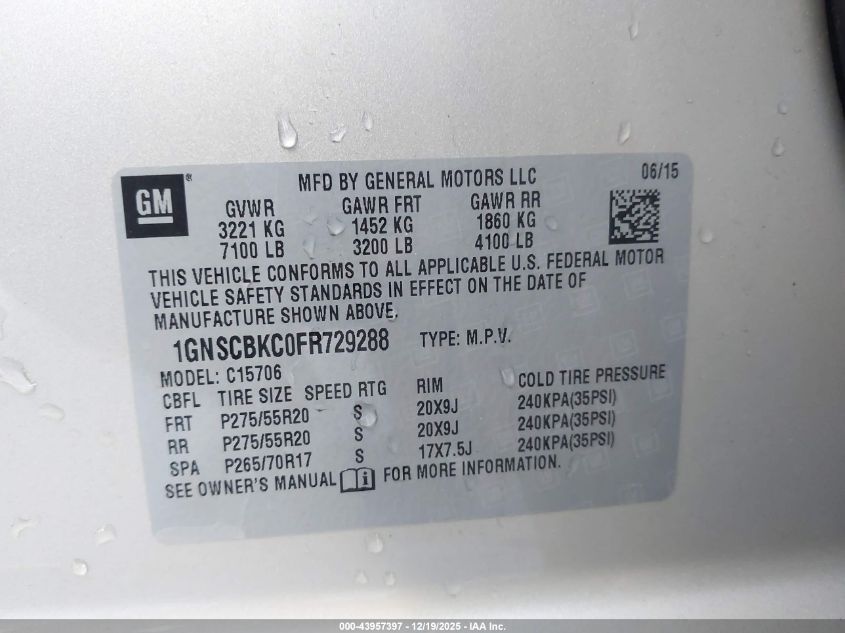 2015 Chevrolet Tahoe Lt VIN: 1GNSCBKC0FR729288 Lot: 43957397