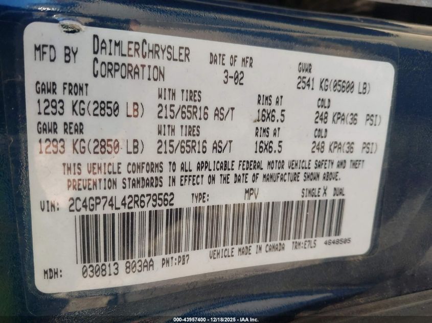 2002 Chrysler Town & Country Ex VIN: 2C4GP74L42R679562 Lot: 43957400