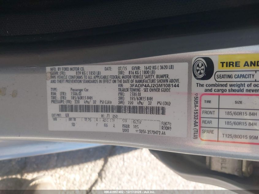 2016 Ford Fiesta S VIN: 3FADP4AJ2GM108144 Lot: 43957402