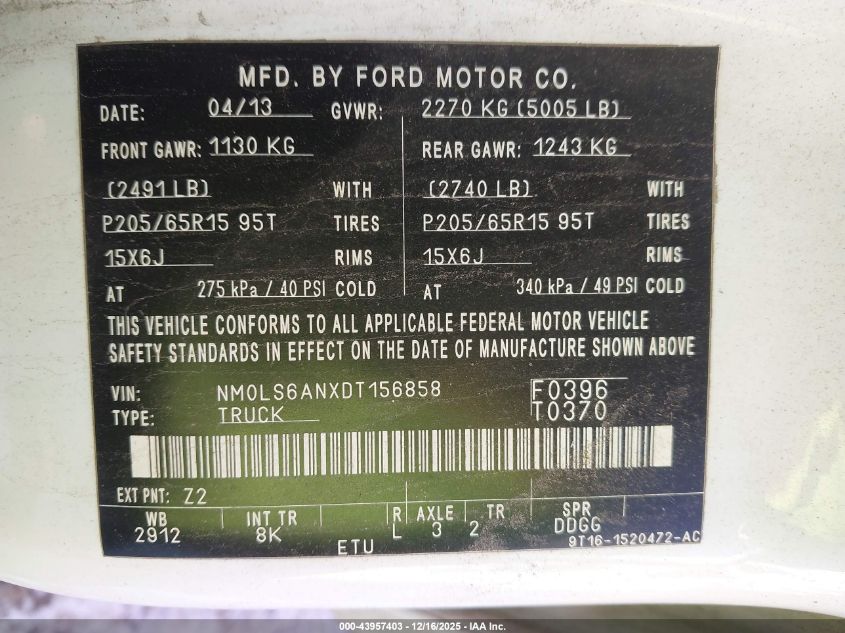 2013 Ford Transit Connect Xl VIN: NM0LS6ANXDT156858 Lot: 43957403