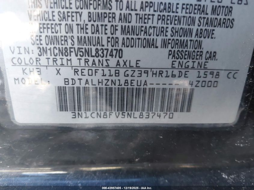 2022 Nissan Versa 1.6 Sr Xtronic Cvt VIN: 3N1CN8FV5NL837470 Lot: 43957405