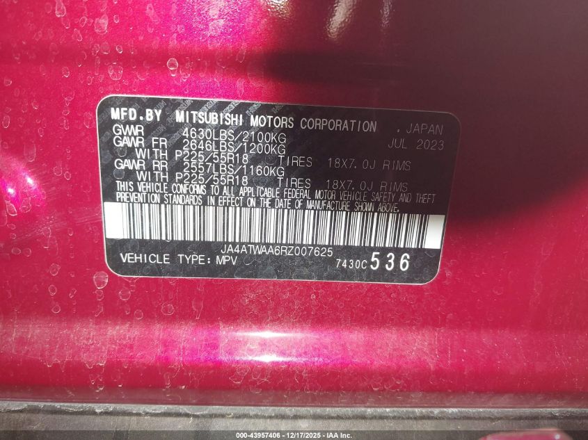 2024 Mitsubishi Eclipse Cross Sel S-Awc VIN: JA4ATWAA6RZ007625 Lot: 43957406