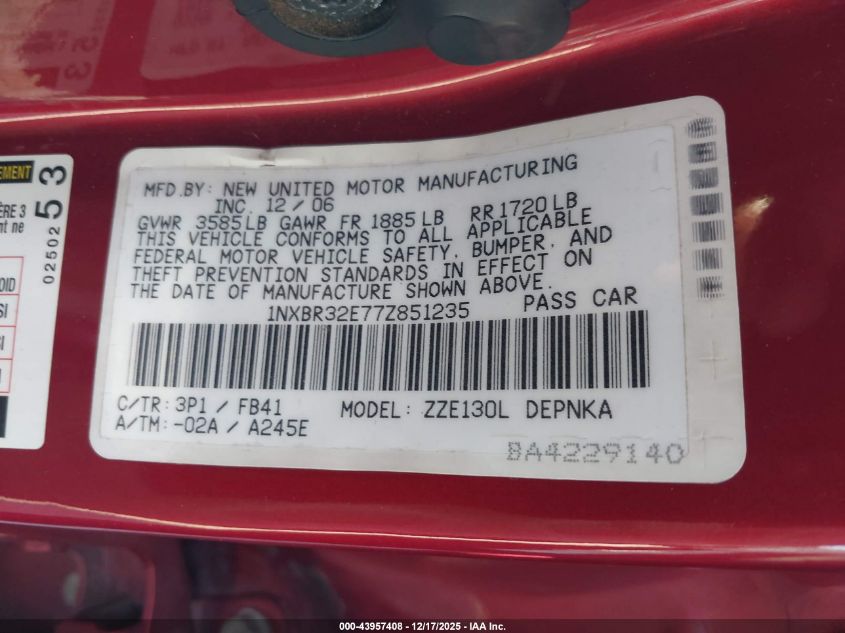 2007 Toyota Corolla Le VIN: 1NXBR32E77Z851235 Lot: 43957408