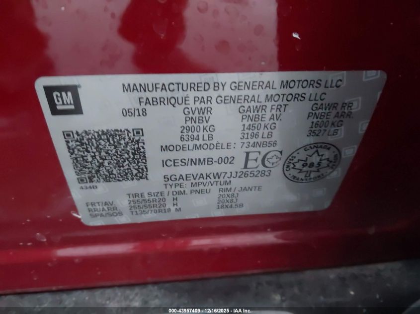 2018 Buick Enclave Essence VIN: 5GAEVAKW7JJ265283 Lot: 43957409