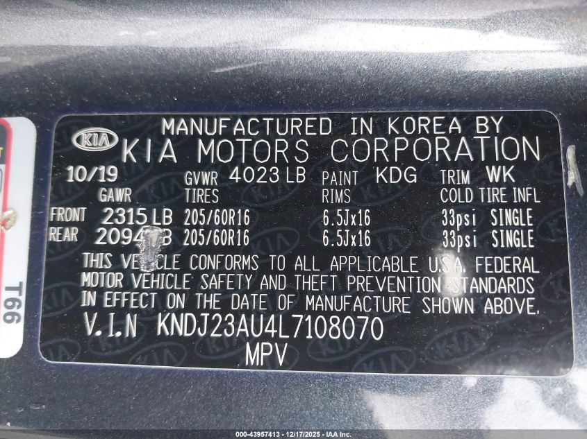 2020 Kia Soul Lx VIN: KNDJ23AU4L7108070 Lot: 43957413