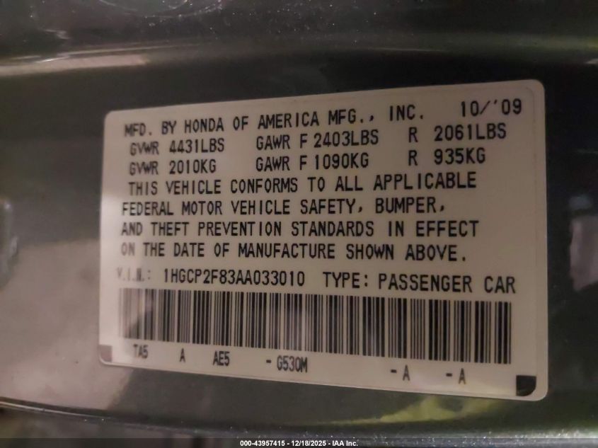 2010 Honda Accord 2.4 Ex-L VIN: 1HGCP2F83AA033010 Lot: 43957415